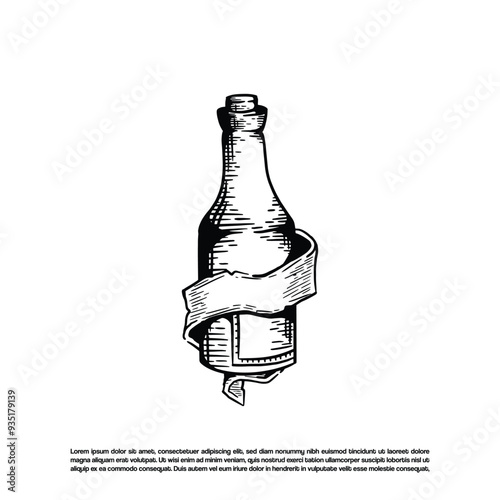 Vintage engraving old bottle with ribbon isolated on white background