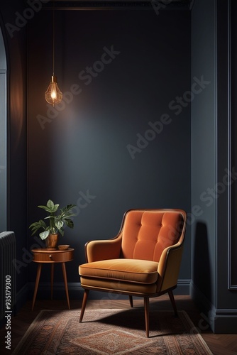 A room with a chair and dark wall, interior design, vertical composition