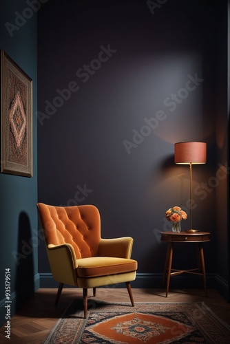 A room with a chair and dark wall, interior design, vertical composition