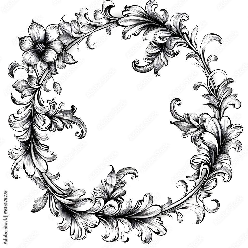 Elegant Circular Frame with Flowing Floral and Wave Motifs in Classic Line Art Elegant Circular Frame with Flowing Floral and Wave Motifs in Classic Line Art