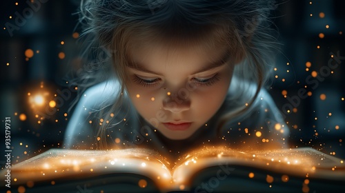 A young girl reading an open book, surrounded by glowing light particles and magical energy emanating from the pages photo