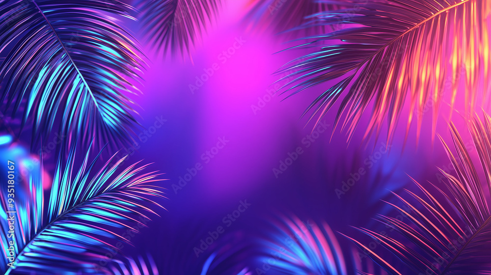 A lively arrangement of palm leaves frames a soft pastel neon backdrop, creating a vibrant and tropical atmosphere ideal for summer-themed events, background A lively arrangement of palm leaves frames a soft pastel neon backdrop, creating a vibrant and tropical atmosphere ideal for summer-themed events, background