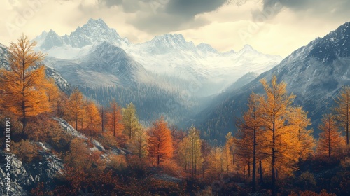 Autumnal mountain panorama with diverse terrains and textures.