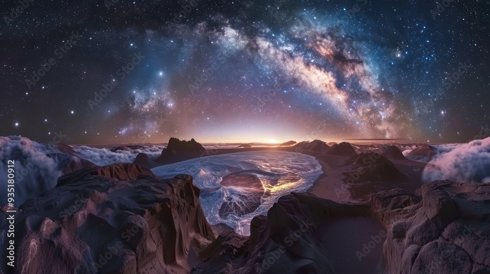 Naklejka premium Mountain Range Under a Starry Sky with the Milky Way