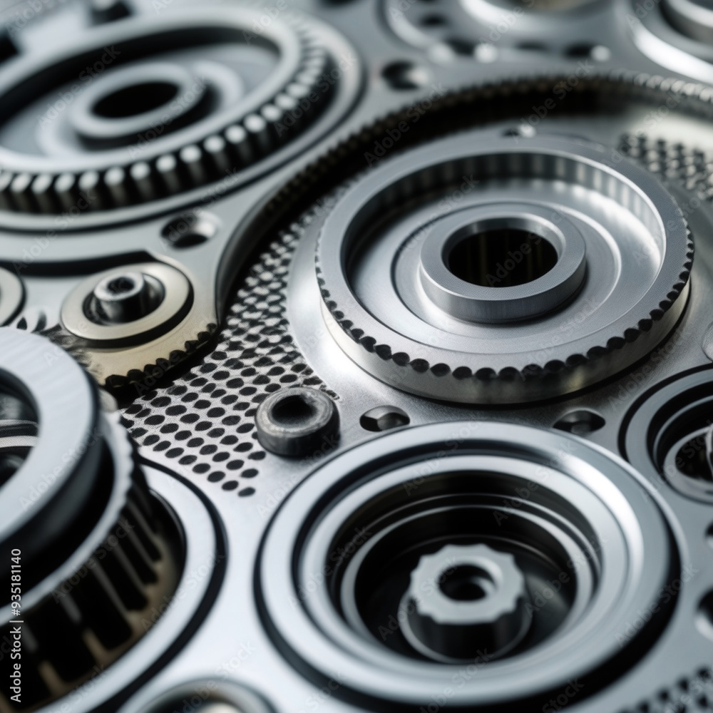 Detailed closeup of interlocking metal gears with a shiny, polished surface, showcasing their intricate teeth Detailed closeup of interlocking metal gears with a shiny, polished surface, showcasing their intricate teeth