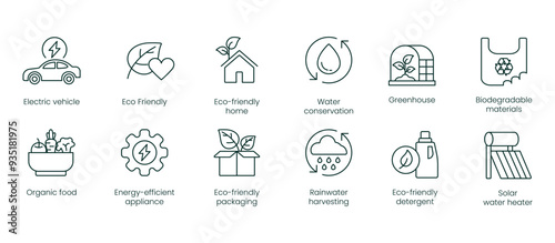 Electric Vehicle, Eco-Friendly, Eco-Friendly Home, Water Conservation, Greenhouse, Biodegradable Materials, Organic Food, Energy Efficient Appliances, Eco-Friendly Packaging vector icon set