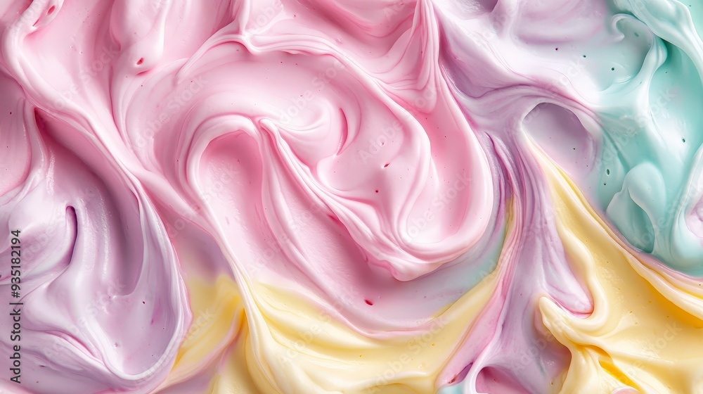 Abstract swirl pattern of pastel pink, yellow, purple and blue whipped cream. Abstract swirl pattern of pastel pink, yellow, purple and blue whipped cream.