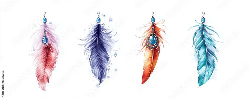 A watercolor illustration of a Boho style wall hanging featuring intricate beadwork and feathers, isolated on a white background. A watercolor illustration of a Boho style wall hanging featuring intricate beadwork and feathers, isolated on a white background.