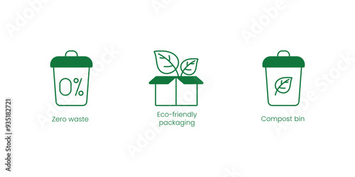 Zero Waste, Eco-Friendly Packaging, Compost Bin Vector Icons for Sustainable Living