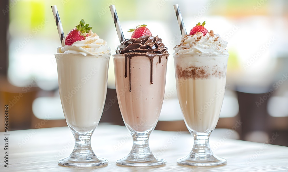three milkshakes, vanilla, chocolate, strawberry, Generative AI