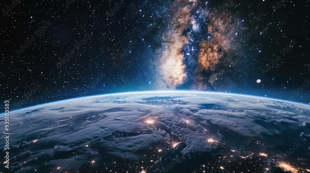 Obraz premium Earth's Curve With Milky Way And City Lights