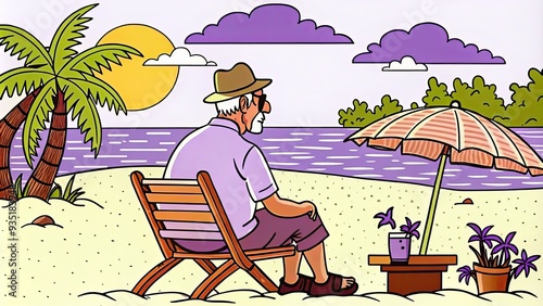 Senior Man Relaxing on Beach with Palm Trees and Umbrella