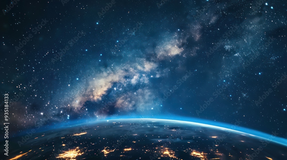Obraz premium Earth's Atmosphere Illuminated by Stars and City Lights