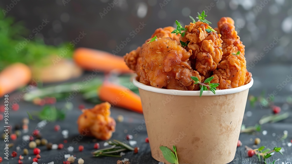 Fried chicken chunks land in a paper cup strewn with herbs and carrots