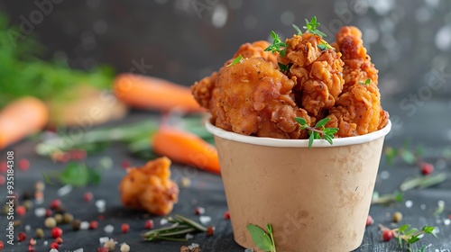 Obraz na płótnie Fried chicken chunks land in a paper cup strewn with herbs and carrots w salonie