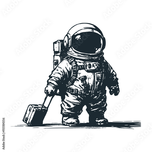 Cute astronaut pulling suitcase Black white vector icon and logo illustration.