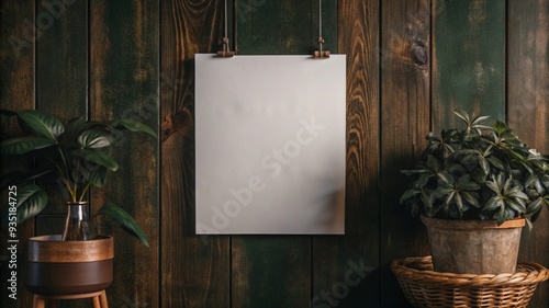 Mock up, White poster hanging on a small clip, clean green wall background