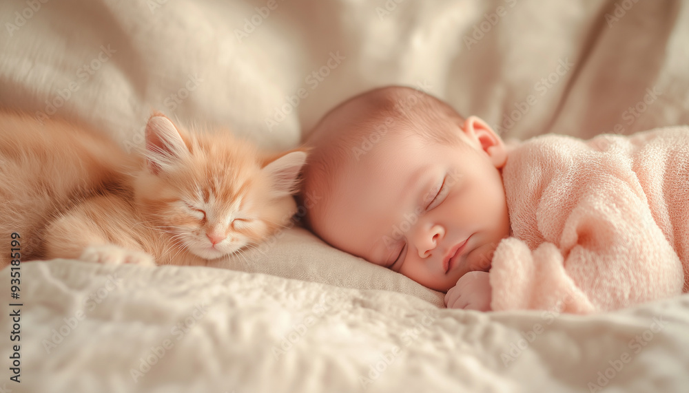 Adorable Newborn Baby Peacefully Sleeping Next to a Ginger Kitten on a Cozy Blanket Adorable Newborn Baby Peacefully Sleeping Next to a Ginger Kitten on a Cozy Blanket