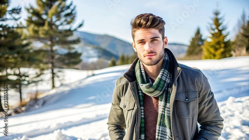 Handsome man in winter landscape.
