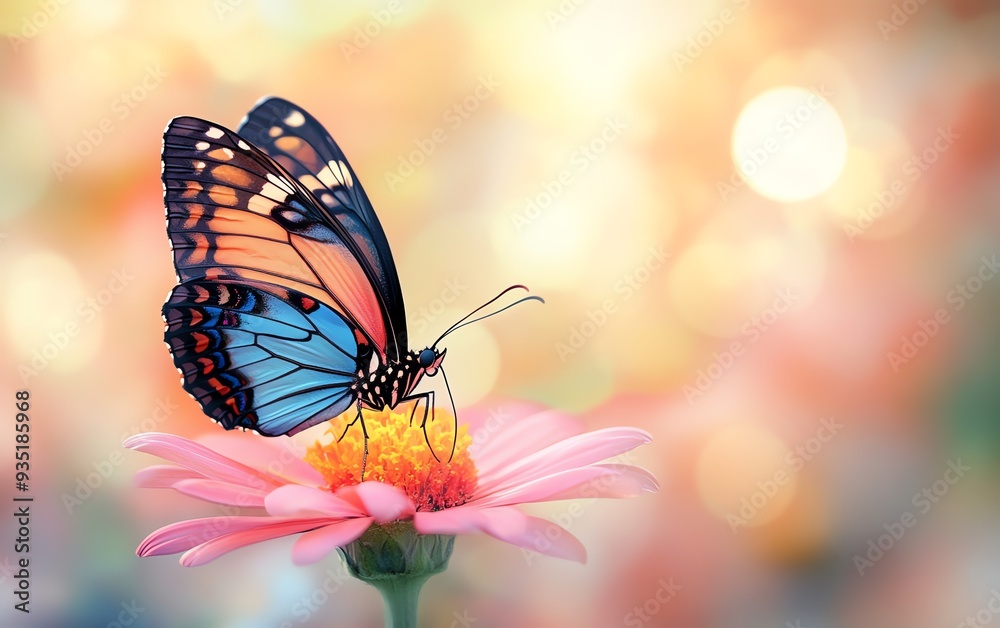 Fototapeta premium Artistic book cover design with a butterfly resting on a flower