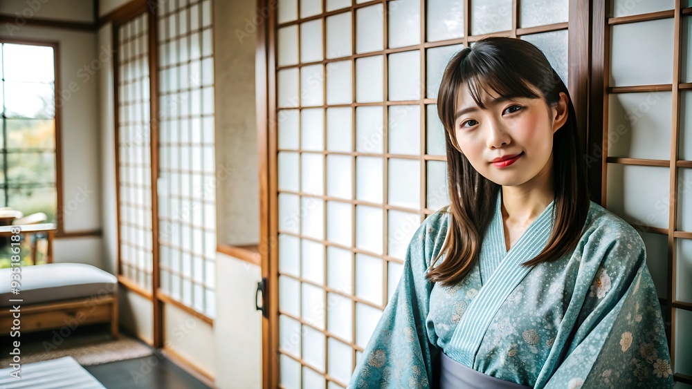 Japanese woman in a traditional kimono standing by a shoji screen. Japanese woman in a traditional kimono standing by a shoji screen.