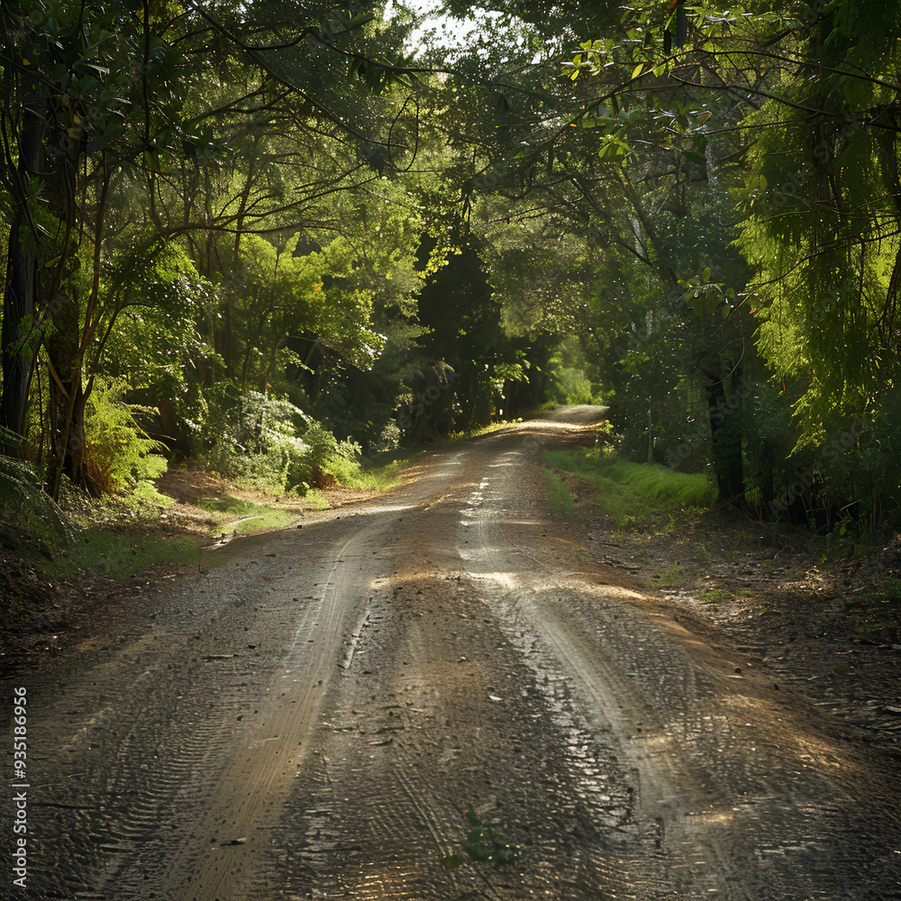 Obraz premium A meandering forest road in the winter, Serene Gravel Road Through Pine Forest - Rustic and Rural Charm in Nature, Road in the middle of the forest and ascending to the top of the hill. 