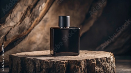 mockup of a plain black perfume bottle neatly placed on a podium on a neutral background