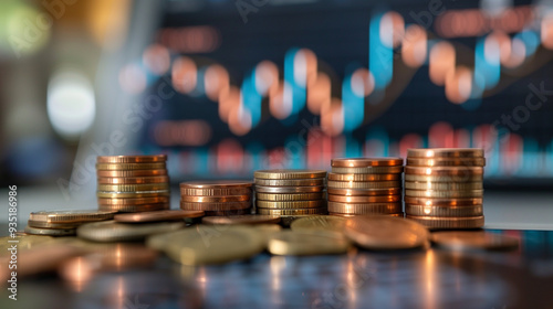 Stacks of coins standing in a row. Financial growth and investment success concept.