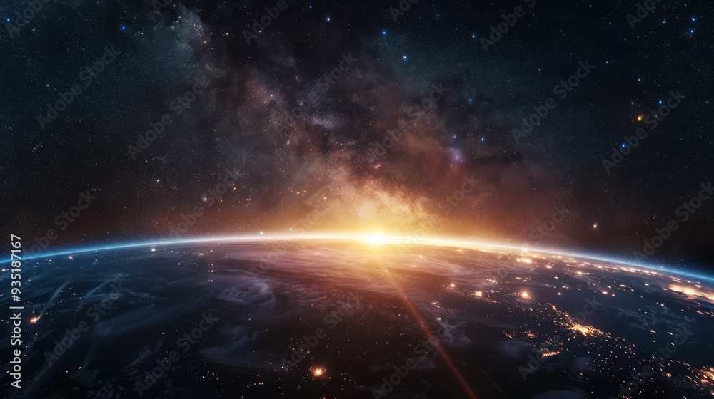 Obraz premium Earthrise over a Starry Night Sky with the Milky Way