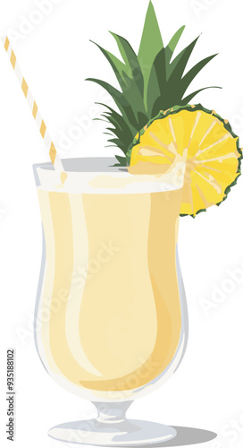 Flat vector illustration of a tropical pina colada cocktail in a simple glass with a pineapple slice garnish. Minimalist and clean design, isolated on a white background. Perfect for graphic design pr
