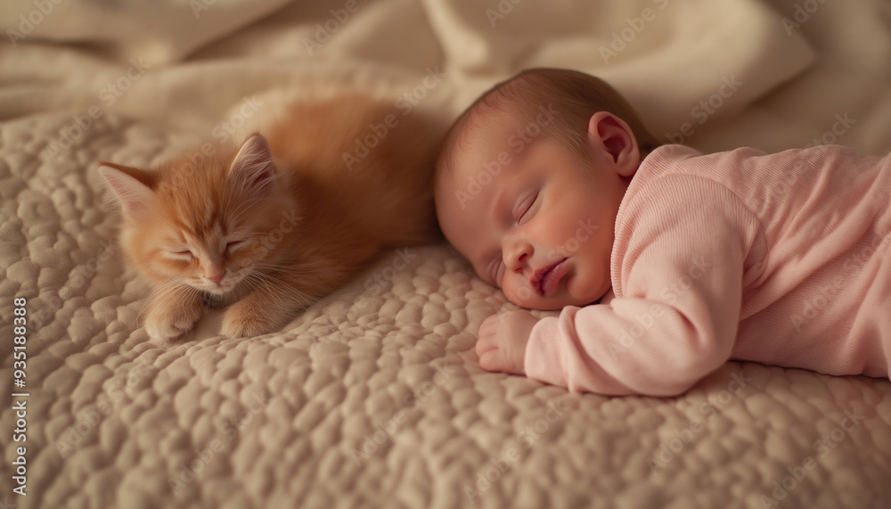 Adorable Newborn Baby Peacefully Sleeping Next to a Ginger Kitten on a Cozy Blanket Adorable Newborn Baby Peacefully Sleeping Next to a Ginger Kitten on a Cozy Blanket