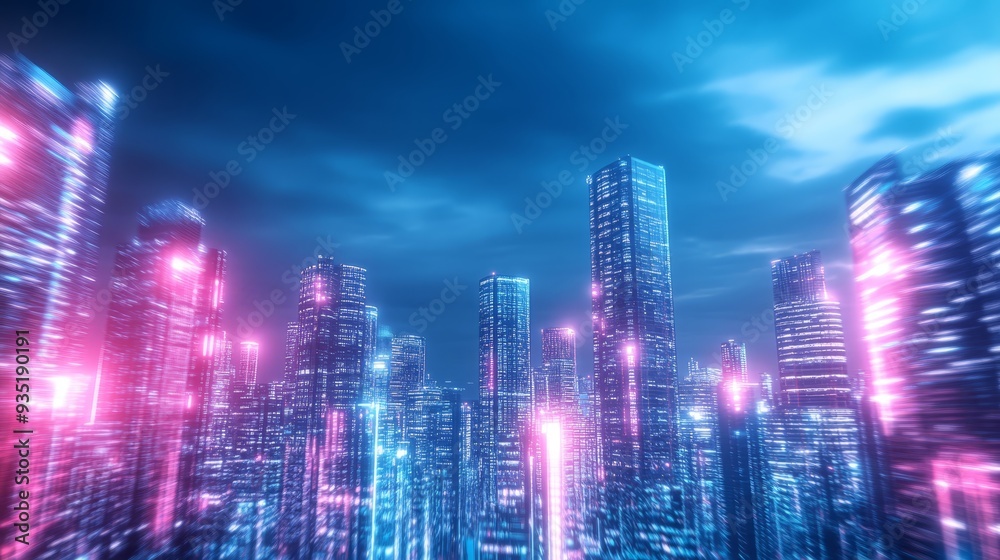 Futuristic Cityscape with Neon Lights and Blurred Buildings