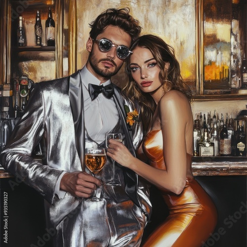 Glamorous pair in stylish attire enjoying bar experience photo