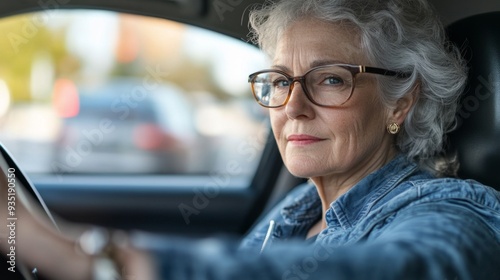 Confident and stylish senior woman is driving her car. An elderly woman is confidently driving a car