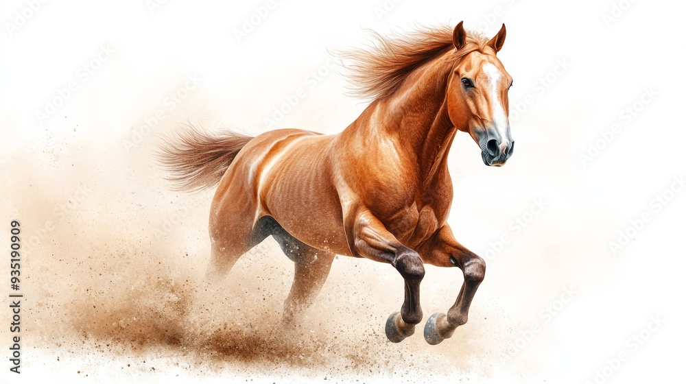 Running Chestnut Horse with Dust and White Background Running Chestnut Horse with Dust and White Background