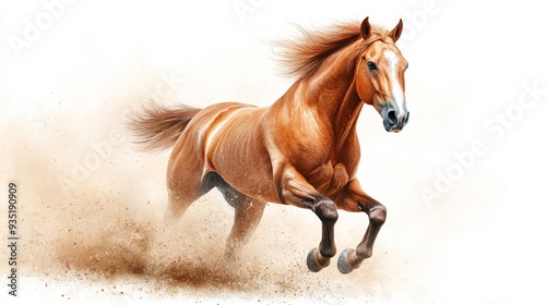 Running Chestnut Horse with Dust and White Background