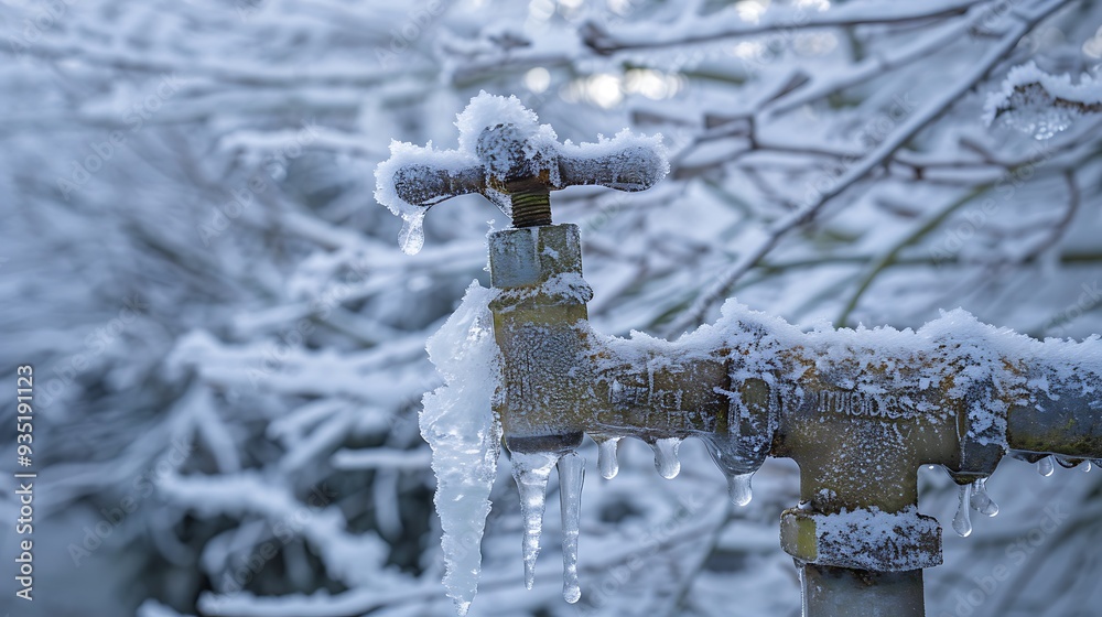 Frozen pipes and faucets a frozen garden water tap on a chilly winter day
