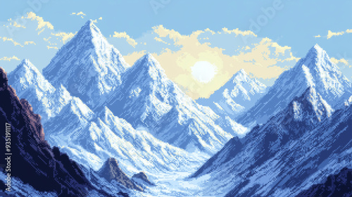 A mountain range with a tree in the foreground in pixel art