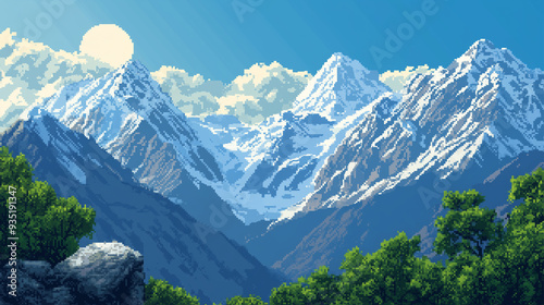 A mountain range with a tree in the foreground in pixel art