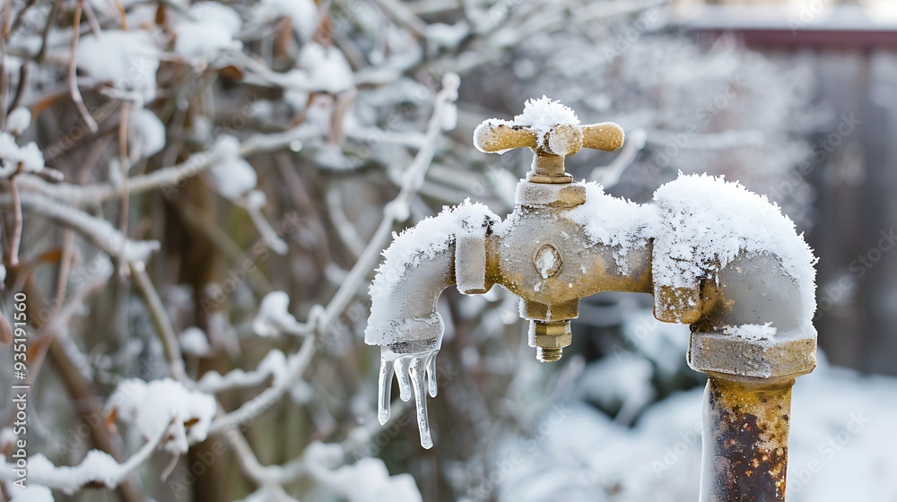 Frozen pipes and faucets a frozen garden water tap on a chilly winter day