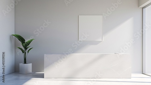 Modern Minimalist Reception Desk in Elegant Office Lobby, Clean and Sophisticated Interior Design, Bright and Welcoming Space with Natural Elements, Professional and Contemporary Business Environment