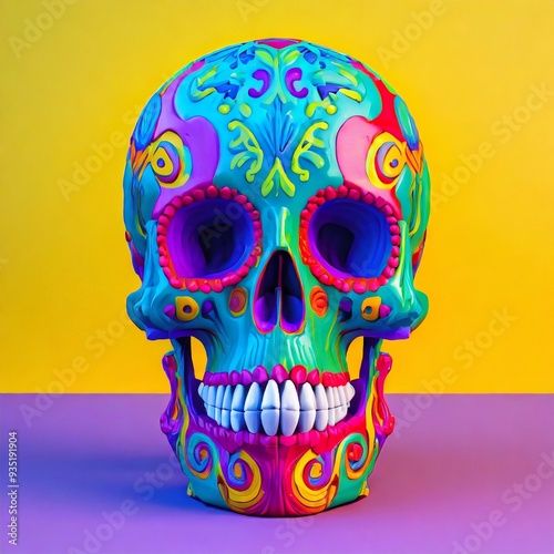 Mexican Skull with vibrant colors in a simple studio background, halloween celebration