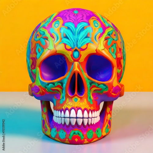 Mexican Skull with vibrant colors in a simple studio background, halloween celebration