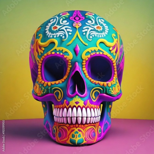 Mexican Skull with vibrant colors in a simple studio background, halloween celebration