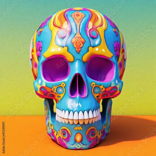 Mexican Skull with vibrant colors in a simple studio background, halloween celebration