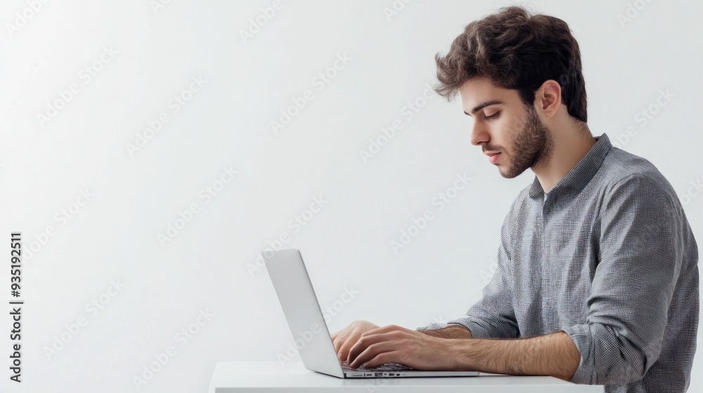 Man working on a laptop at a minimalistic white desk. Man working on a laptop at a minimalistic white desk.
