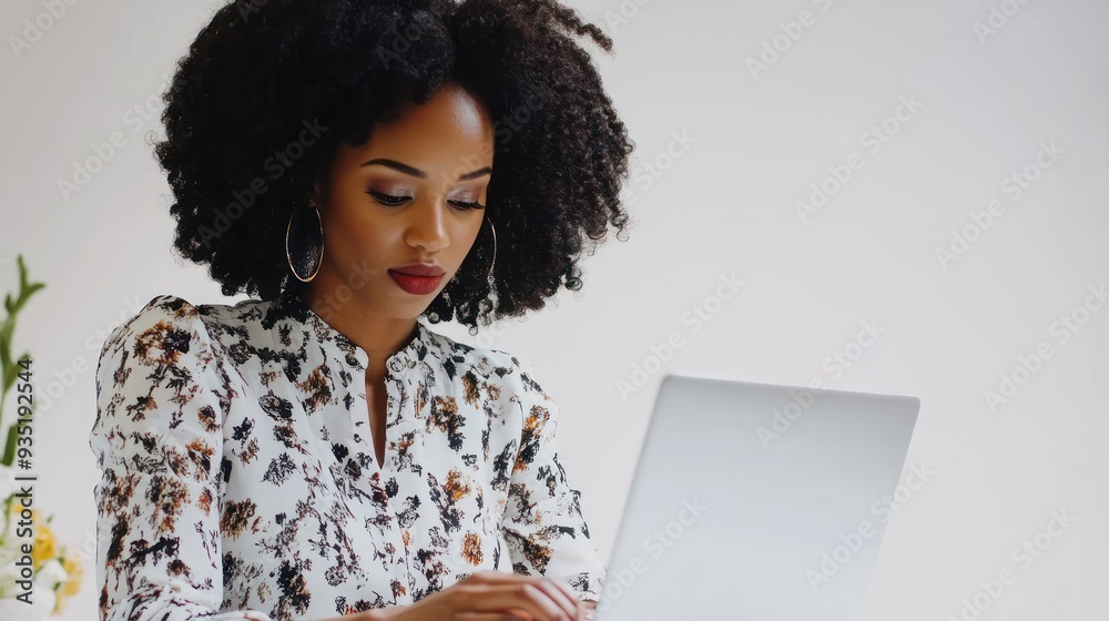 Focused woman in floral blouse, working on laptop Focused woman in floral blouse, working on laptop