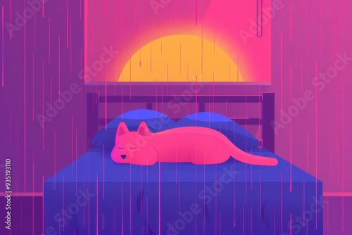 Cozy Dreamy Night, A peaceful puppy rests in a colorful bedroom under a full moon, raindrops on the window, creating a soothing, whimsical nighttime atmosphere.