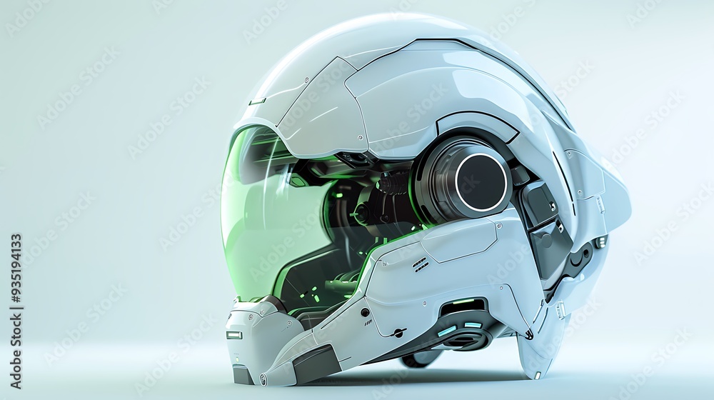 Futuristic robotic helmet in white and green that uses technology found in spaceships Futuristic robotic helmet in white and green that uses technology found in spaceships