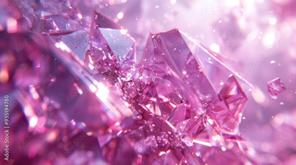 Descending fragmented glass prism, light lavender backdrop, splintered pieces and iridescent reflections, modern and elegant.